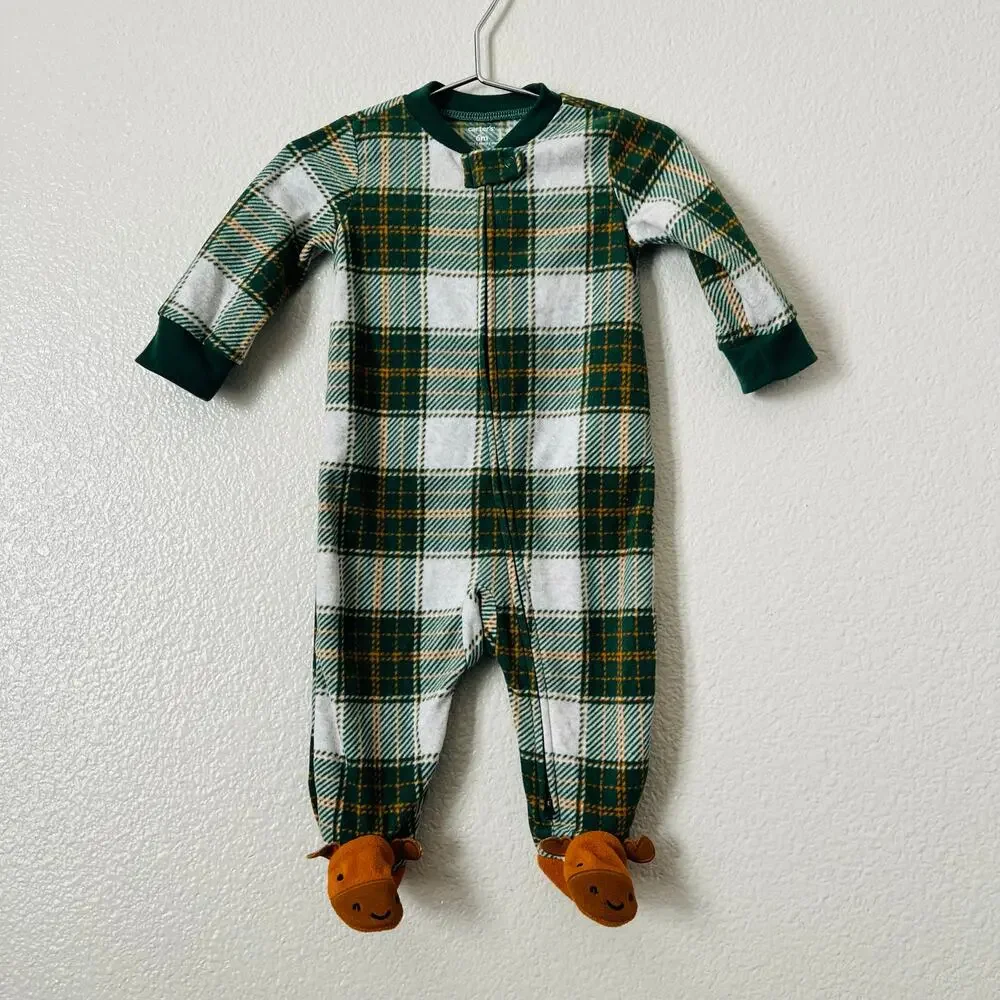 Carter’s reindeer fleece zip footie onesie green tan brown plaid